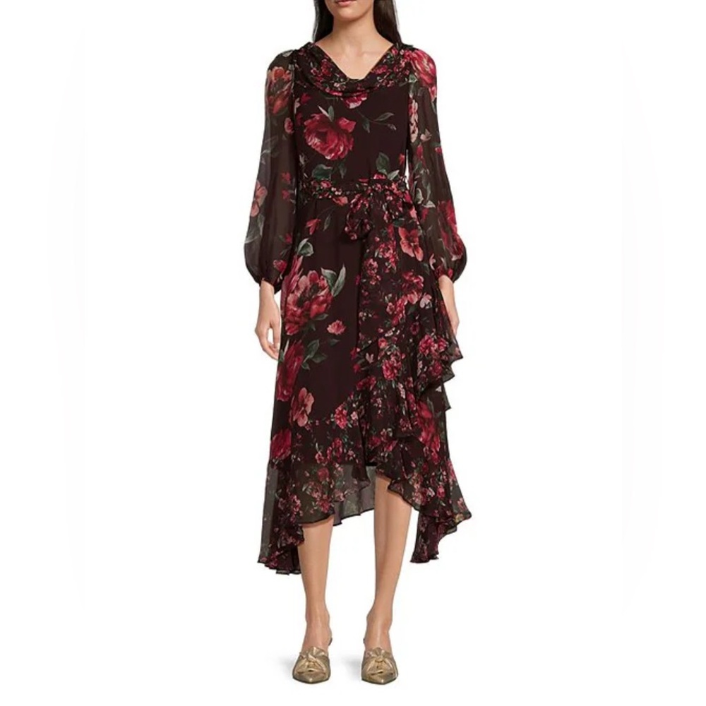 NWT Alex Marie Size 2 Chiffon Floral Midi Dress Cowl Neck Long Sleeves Ruffles